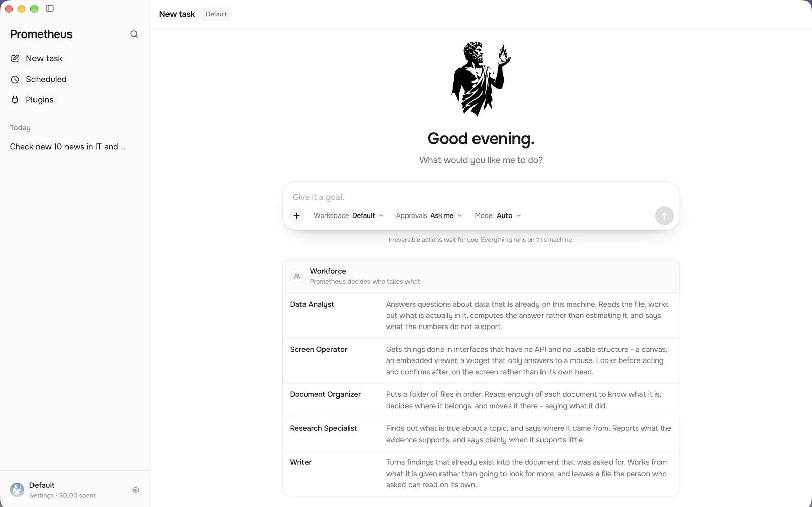 A new task in Prometheus: the goal field and the AI employees the manager can hand work to