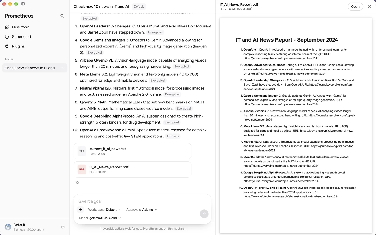 Ten IT and AI news items with sources in Prometheus, with the PDF report it created open beside the conversation