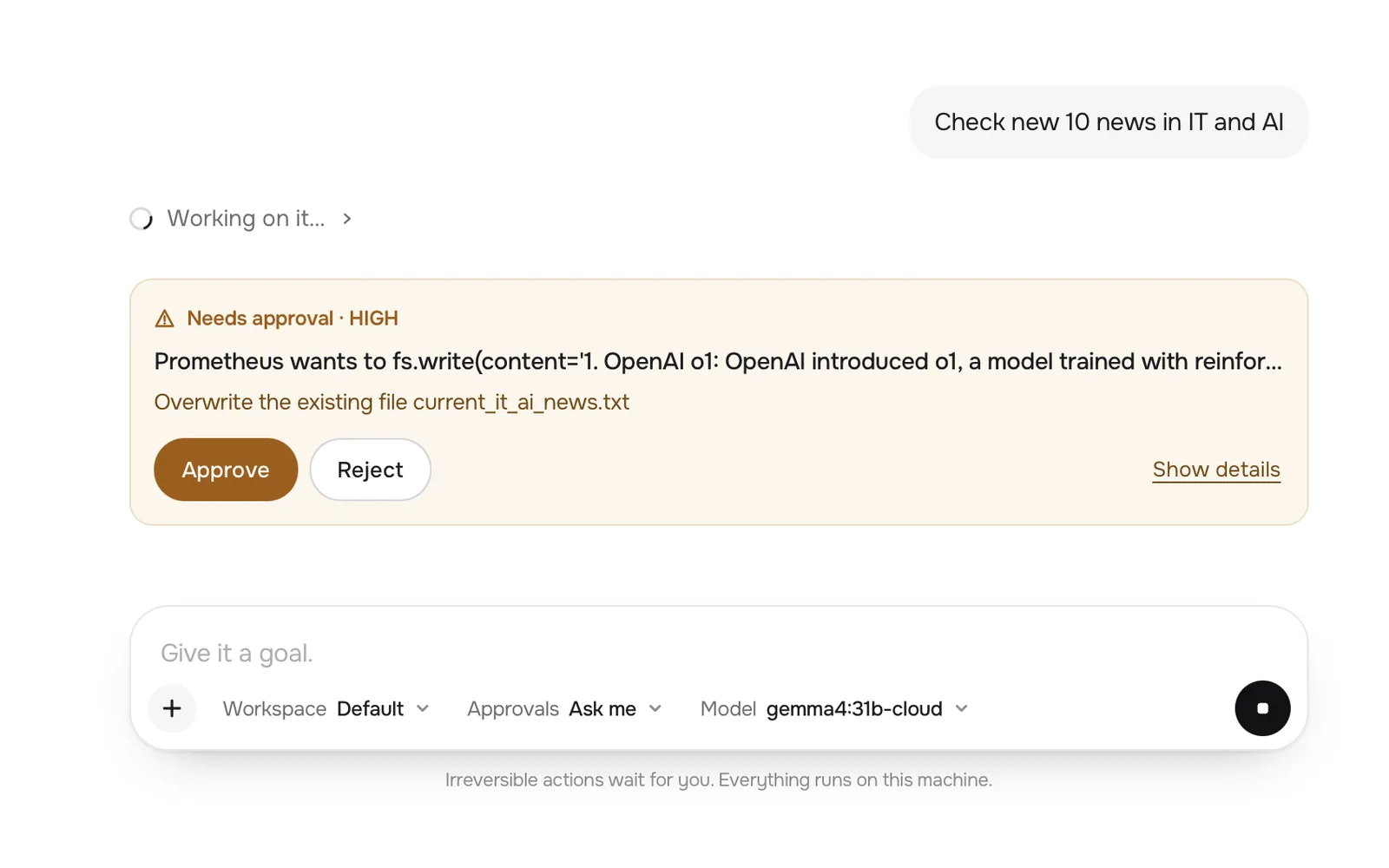 Prometheus asking for approval before overwriting an existing file
