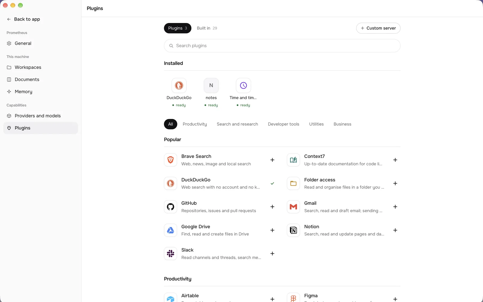 Prometheus plugin settings listing services such as GitHub, Gmail, Google Drive, Notion and Slack